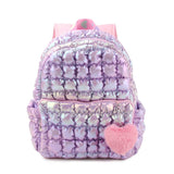 Quilted Scrunchies Metallic Large Backpack with Plush Heart Charm: Lavender Metallic Scrunch